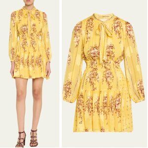 Ulla Johnson Maris Necktie Long-Sleeve Mini Dress Soleil Golden Yellow Botanica